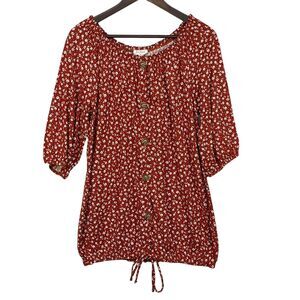 Free Kisses Off-the-Shoulder Blouse Women Size 1X Red‎ Floral Stretch 3/4 Sleeve